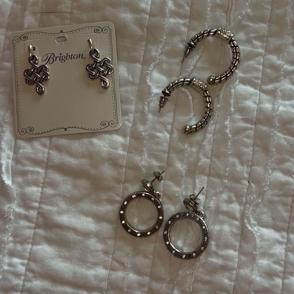 Brighton Earrings Lot Silver Knot Hoop Drop Pave Crystal Signed Jewelry Set
